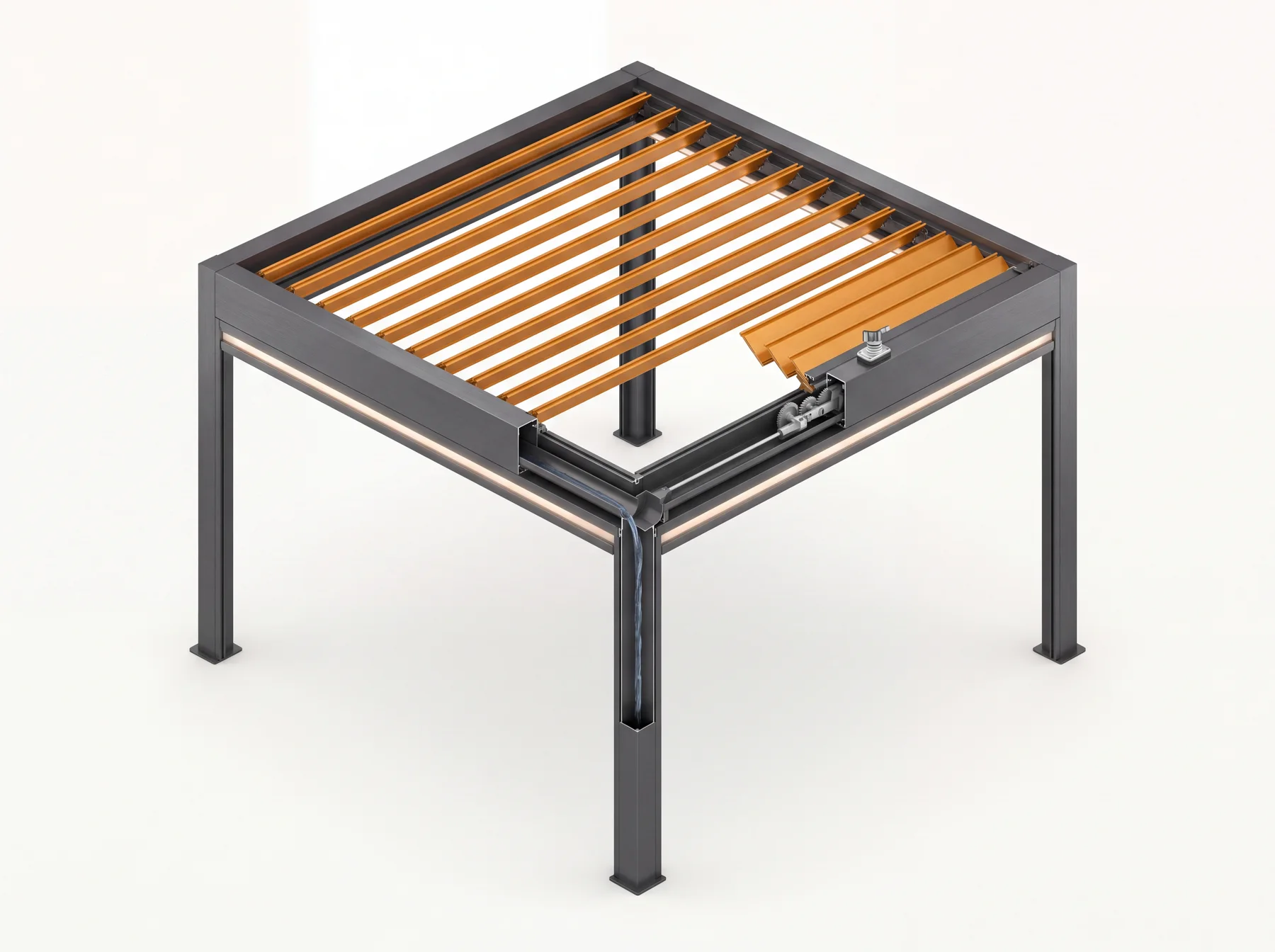 Spaccato di una pergola bioclimatica in alluminio che mostra lamelle orientabili, motore, LED perimetrali, canalina di scolo e struttura portante